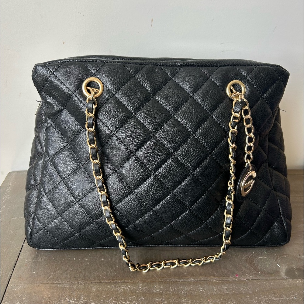 Elizabeth Grant Quilted Black Shoulder Bag with Gold Chain Detail